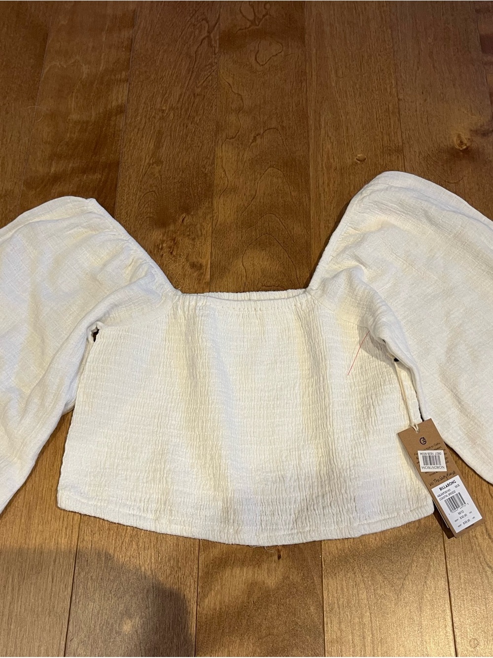 Billabong Off-White Textured Puff-Sleeve Square-Neck Crop Top